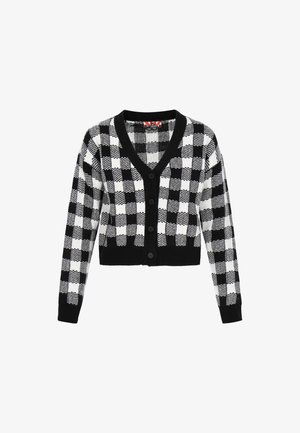 Black and white checkered cropped cardigan with a V-neck, long sleeves, and five black buttons along the front. Soft texture.