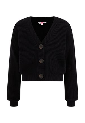 Čierny skrátený kardigán s rebrovanou textúrou, výstrihom do V a tromi hrubými gombíkmi vpredu. Má dlhé rukávy a priliehavý lem.
