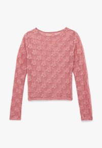 Rosa gehäkeltes Langarmoberteil mit floralem Muster, runder Halsausschnitt und strukturiertem Design. Leichtes und atmungsaktives Material.
