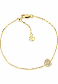 Bracciale in oro con un ciondolo a forma di cuore adornato con pietre preziose trasparenti e una chiusura a molla per una sicura chiusura.