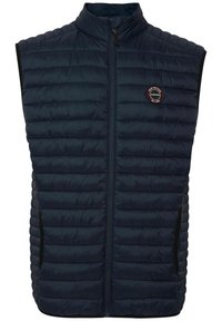 Navy blue padded vest with stand-up collar, front zip closure, and two side pockets. Features vertical stitch detailing and logo patch.