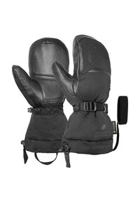 Schwarze Handschuhe mit strukturiertem Außenmaterial, verstellbaren Handgelenkriemen und isolierender Innenausstattung. Verfügt über das Gore-Tex-Label und Technologie zur Wärmeaufnahme.