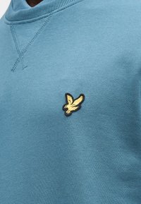 Lyseblå genser med rund hals, med en gul og svart brodert ørnelogo på venstre bryst. Myk stofftekstur.