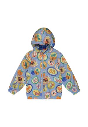 Kinderhoodie met capuchon, versierd met kleurrijke fruit- en dierpatches op een lichtblauwe geruite achtergrond, voorzien van een ritssluiting aan de voorkant en elastische boorden.