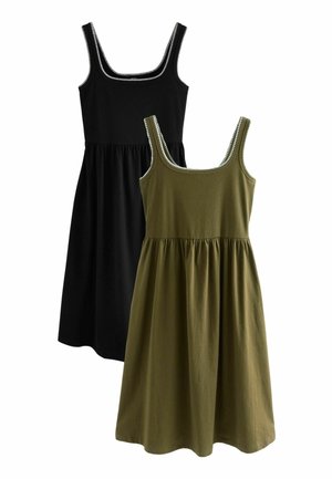 Two dresses: one black and one olive green. Both have square necklines, spaghetti straps, and gathered skirts with contrasting trim details.
