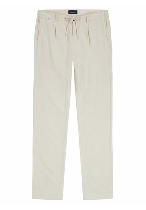 Pantalon décontracté beige avec taille à cordon, poches latérales et plis sur le devant, posé à plat sur un fond blanc.