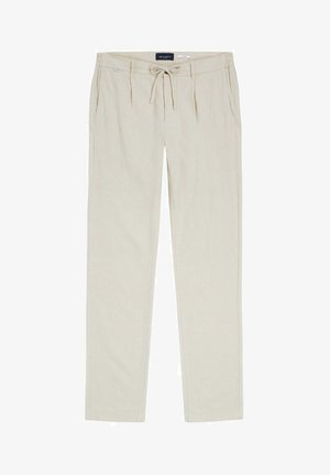 Pantalon décontracté beige avec taille à cordon, poches latérales et plis sur le devant, posé à plat sur un fond blanc.