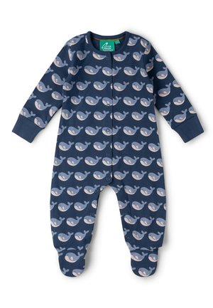 Navy blue baby onesie with long sleeves, footed legs, snap buttons, and an all-over light blue and pink whale pattern.