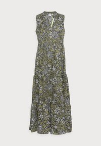 Vestido maxi floral en verde oliva con patrones botánicos blancos. Diseño sin mangas, cierre de botones en la parte delantera y falda en capas para un movimiento fluido.