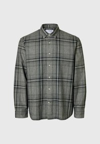 Hallide mustriga helesinised triibudega särk, millel on krae, pikad varrukad ja sirge alumine äär. Valmistatud pehmest kangast.