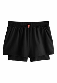 Černé sportovní kraťasy s elastickým pasem, vybavené korálovým šnůrkou, vyrobené z hladkého, lehkého materiálu s vnitřním podšívkou.