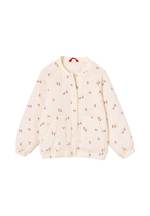 Cream-colored quilted jacket with red cherry print, snap buttons, elastic cuffs, and two front pockets.