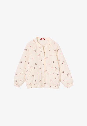 Cremefarbene gesteppte Jacke mit rotem Kirschmuster, Druckknöpfen, elastischen Bündchen und zwei Vorderentaschen.