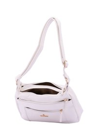 Borsa a spalla in pelle bianca con hardware dorato, tasche con zip e superficie testurizzata. Cinghia regolabile e scomparto interno spazioso.