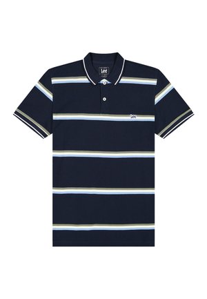 Navy blue polo shirt with white, light blue, and olive horizontal stripes, two-button placket, and small "Lee" logo on chest.