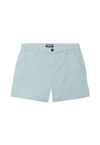 Shorts bleu clair en coton, dotés de deux poches latérales, de passants de ceinture et d'une fermeture à un bouton à la taille.