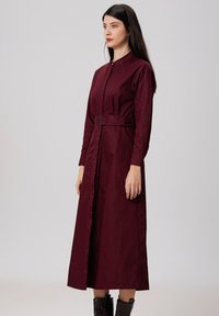 Robe bordeaux à manches longues avec un col boutonné, une taille ceinturée et une silhouette fluide, fabriquée en tissu lisse avec une texture brillante.