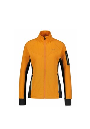 Orange fleece jacket with a high collar, zip front, and black side panels. Features contrasting stitching and a zippered pocket on the sleeve.