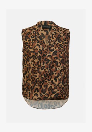 Leopard-print sleeveless blouse in tan and brown tones, featuring a wrap design and a slightly sheer hem. Smooth fabric with a relaxed fit.
