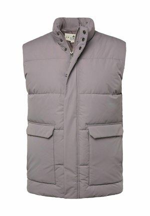 Gilet grigio imbottito con colletto alto, zip frontale e bottoni a scatto. Include due tasche frontali con chiusura a patta. Texture liscia.