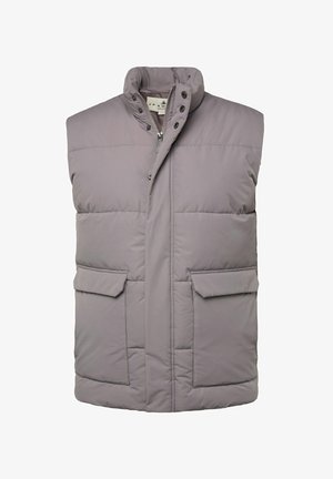 Gepolsterte graue Weste mit hohem Kragen, Frontreißverschluss und Druckknöpfen. Verfügt über zwei Fronttaschen mit Klappenverschluss. Glatte Textur.