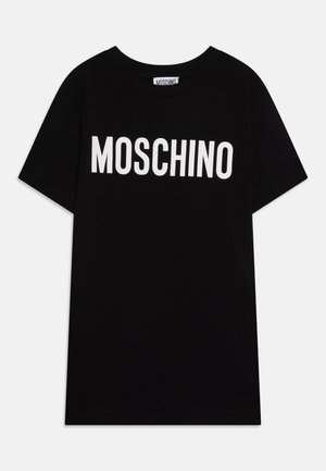 Black cotton t-shirt featuring white "MOSCHINO" text on the front. Short sleeves and standard crew neck design. Smooth texture.