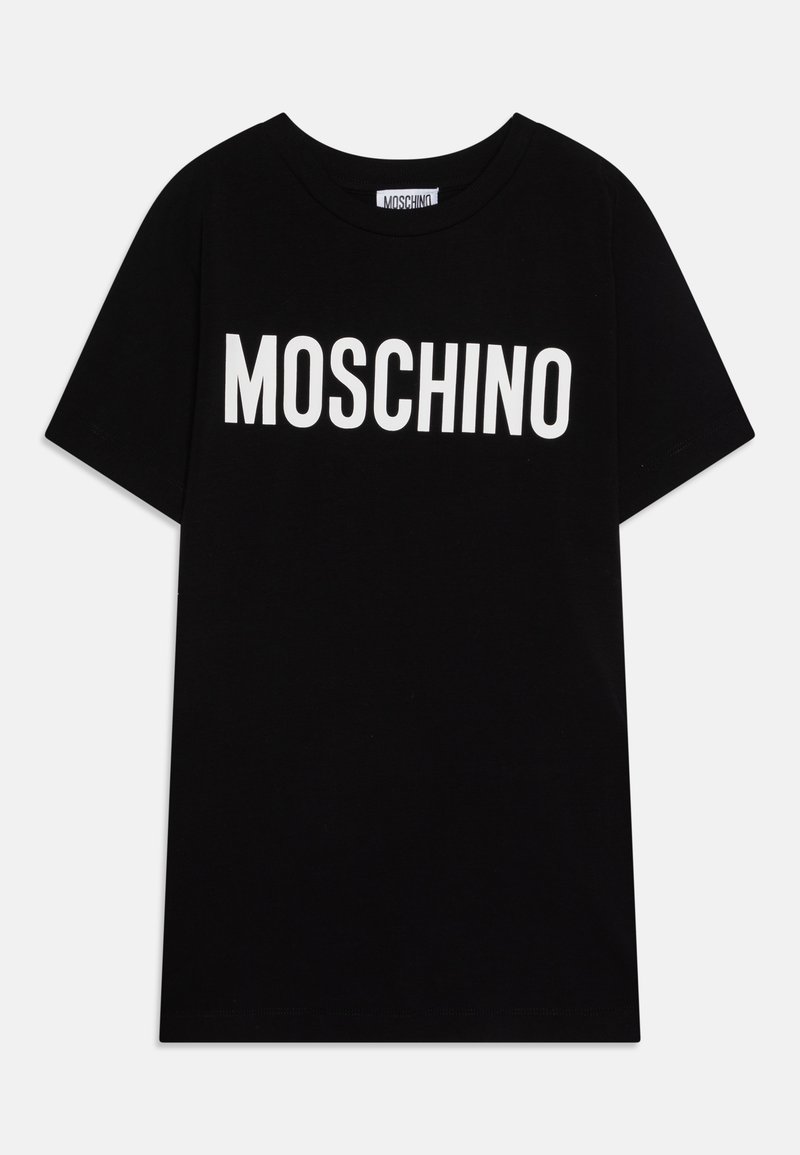 Camiseta de algodón negra con texto en blanco "MOSCHINO" en el frontal. Diseño de manga corta y cuello redondo estándar. Textura suave.