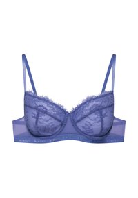Fioletowy koronkowy stanik z siateczkową podszewką, lekko wyściełane miseczki, regulowane satynowe ramiączka i markowa taśma na dole.