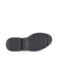 Black rubber shoe sole with horizontal grooves, slightly rounded toe, and logo "Gabor" embossed in the center. Textured surface for grip.