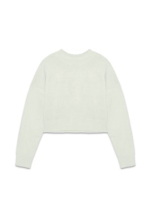 Suéter corto verde claro con cuello redondo, mangas largas y puños y dobladillo acanalados. Tejido de punto texturizado.