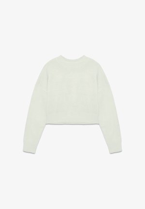 Suéter corto verde claro con cuello redondo, mangas largas y puños y dobladillo acanalados. Tejido de punto texturizado.