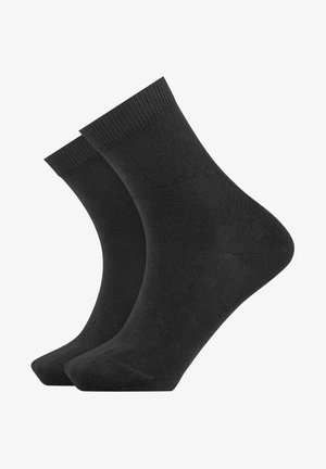 Zwarte katoenen sokken met ribbels aan de bovenkant, middenkuitlengte; gladde textuur en naadloze constructie voor comfort en duurzaamheid.