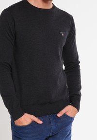 Maglione lavorato a maglia grigio scuro con maniche lunghe, polsini e orlo a costine, con un piccolo logo sul petto. Abbinato a jeans blu.