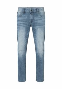 Lichtblauwe denim jeans met een rechte pasvorm, voorzien van een rits, vijf zakken en een vervaagde textuur voor een casual uitstraling.