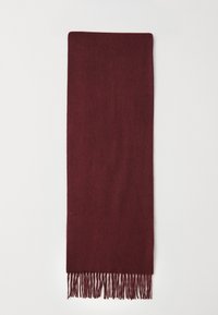 Solid burgundy wool scarf with fringed ends, laid flat against a plain white background.