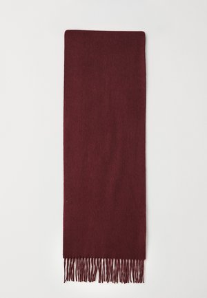 Solid burgundy wool scarf with fringed ends, laid flat against a plain white background.