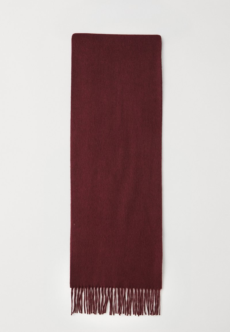 Solid burgundy wool scarf with fringed ends, laid flat against a plain white background.