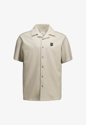 Beige overhemd met korte mouwen, knoopsluiting, een kraag en een klein zwart logo op de linkerborst.