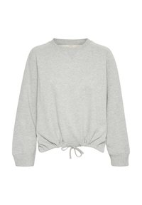 Jersey de algodón gris claro con mangas largas, escote redondo y cintura fruncida con cordón para ajuste regulable. Textura suave.