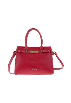 Borsa a tracolla in pelle rossa con texture, doppie maniglie, tracolla removibile, chiusura in tonalità oro e piccolo logo metallico sulla parte frontale.