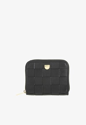 Schwarze gewebte Leder-Geldbörse mit Reißverschluss, goldenem Reißverschlussanhänger und kleinem goldfarbenem Logo oben in der Mitte.
