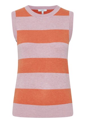 Top bez rukava s okruglim izrezom, sa izmjeničnim horizontalnim prugama u svijetlo ružičastoj i koraljnoj boji. Mekana traka tkanina s glatkom teksturom.