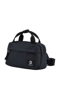 Black fabric shoulder bag with dual top handles, zip closure, adjustable strap, and a prominent "Discovery" logo on the front.