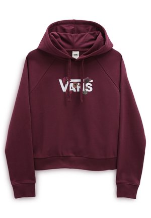Sweat à capuche Vans marron foncé avec des accents floraux sur le logo, poche kangourou à l’avant et capuche à cordon, posé à plat sur fond blanc.