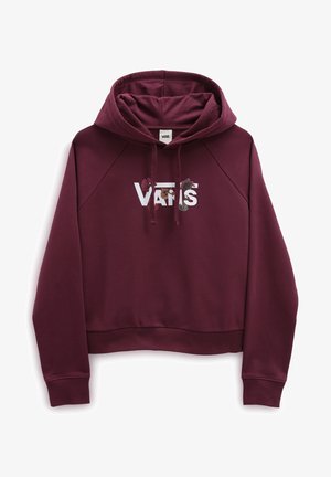Sweat à capuche Vans marron foncé avec des accents floraux sur le logo, poche kangourou à l’avant et capuche à cordon, posé à plat sur fond blanc.