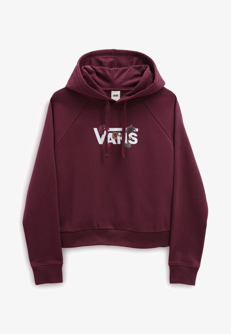 Sweat à capuche Vans marron foncé avec des accents floraux sur le logo, poche kangourou à l’avant et capuche à cordon, posé à plat sur fond blanc.