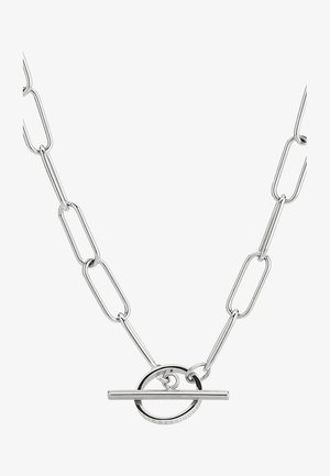 Silberkette mit länglichen Gliedern und einem runden Verschluss mit flachem Toggle, der ein schlankes, modernes Design zeigt.