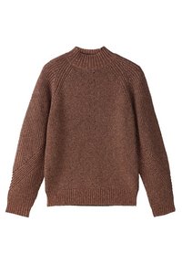 Maglione marrone lavorato a maglia con colletto alto a coste, maniche lunghe a raglan e motivi diagonali testurizzati sulle maniche e ai lati.