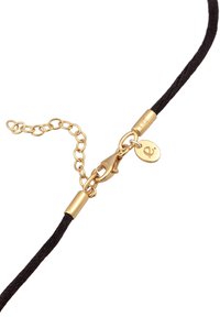 Gold-tone metal clasp and chain accents on a braided black cord. Features an adjustable length with a round charm tag detail.
