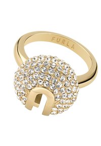 I-ring de aur cu un vârf rotund, decorat cu pietre strălucitoare, având un design decupat în centru și numele mărcii embosat.